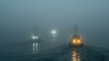 Fototapeta premium Military Convoy in Foggy Strait