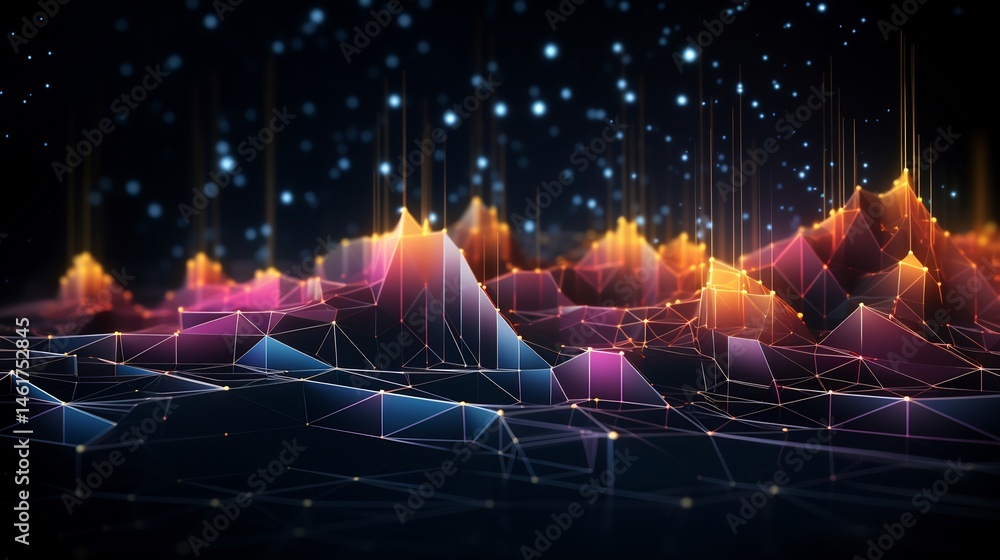 Aufkleber abstract network terrain with glowing lines and peaks in a digital space