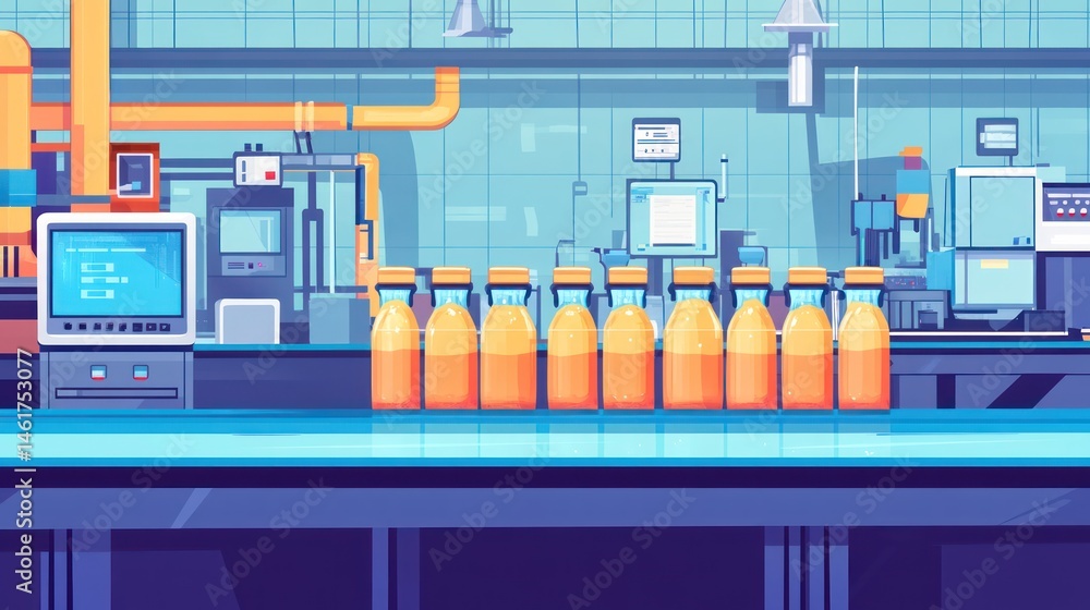 Poster automated juice bottling factory line