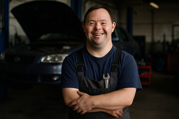 A man with Down syndrome working in a car workshop, smiling