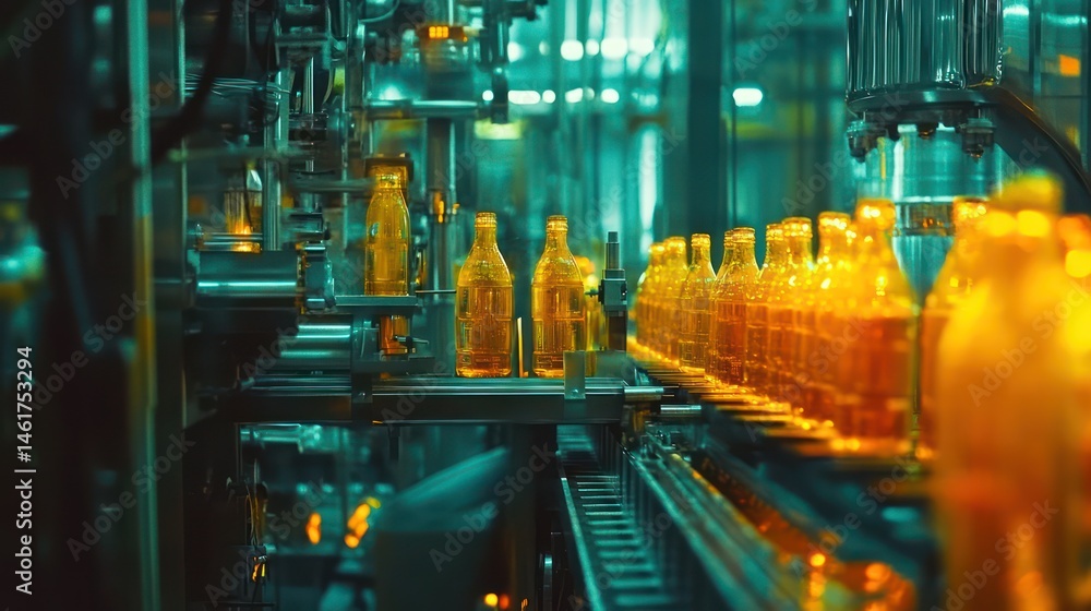Poster automated bottling line in a beverage factory