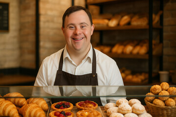 A man with Down syndrome working as a salesman in a pastry shop, smiling