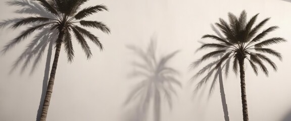 Fototapeta premium Deep, textured palm tree shadow projected on a sunlit white wall, photography, sun, fronds