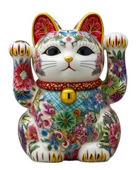 Charming Maneki-neko with intricate floral patterns graces a cozy corner isolated on transparent white background  PNG