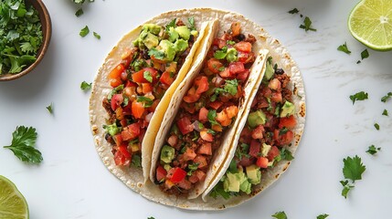 Tacos with seasoned filling, fresh tomato, avocado, cilantro on marble