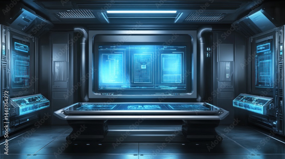 Poster futuristic control room with large interactive screens and central table.