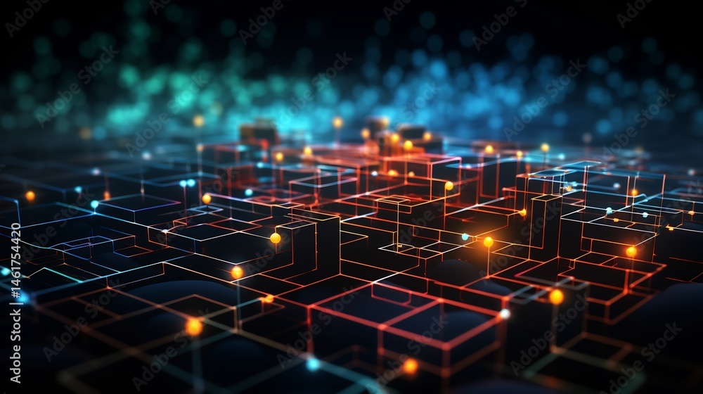 Aufkleber abstract futuristic network structure with glowing connections and dark blocks