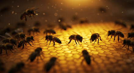 Fototapeta premium A close-up view of honeybees on a honeycomb, depicting their natural habitat and work.