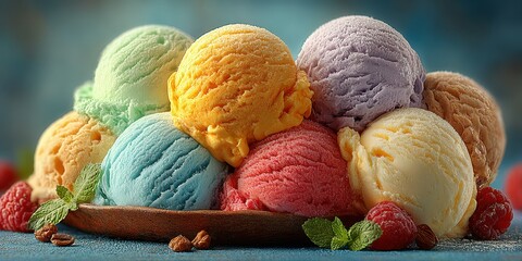 Colorful assortment of ice cream scoops served with fruits and mint leaves on a wooden plate