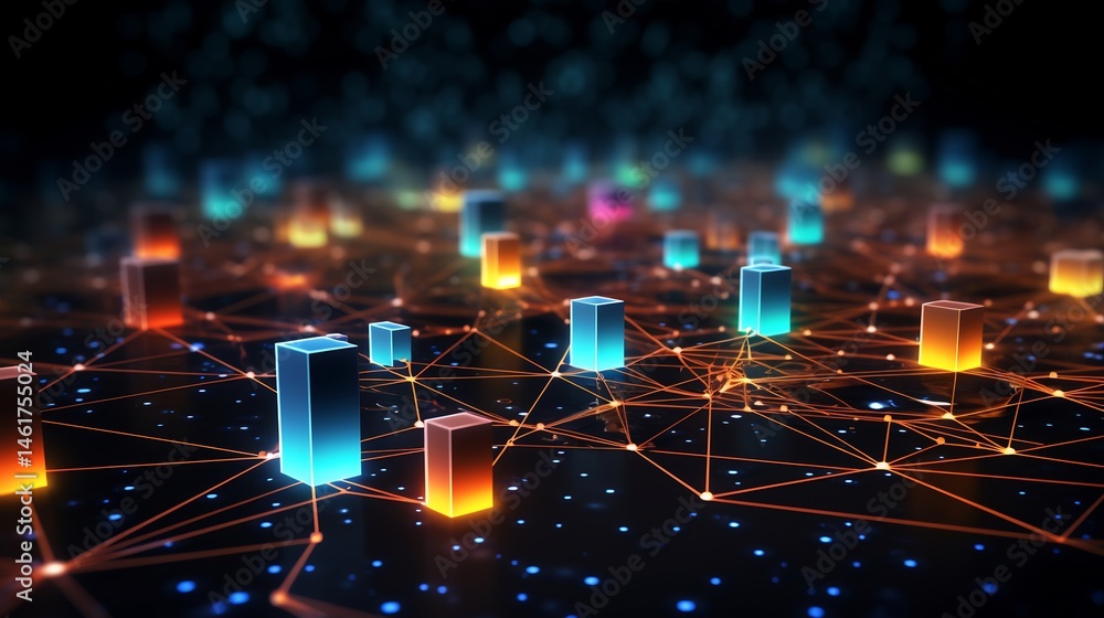 Poster abstract data connectivity visualization with glowing cubes and network lines