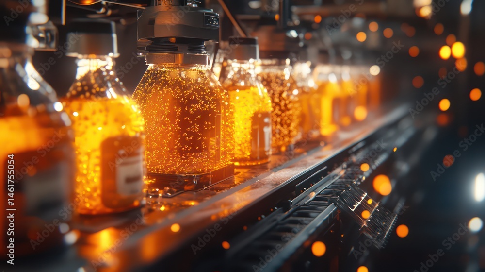 Poster automated bottling line with golden liquid