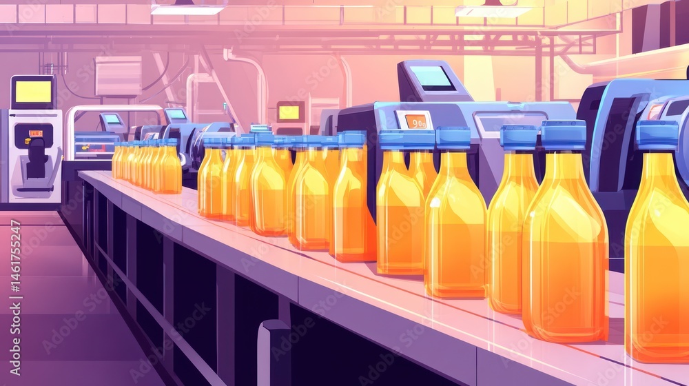Poster juice bottles on automated production line in factory