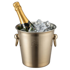 Champagne Bottle in Gold Ice Bucket with Ice Cubes