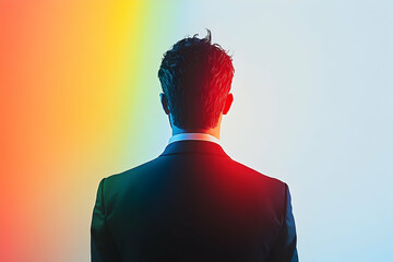 A man in a suit, back view, confronting a vibrant spectrum.