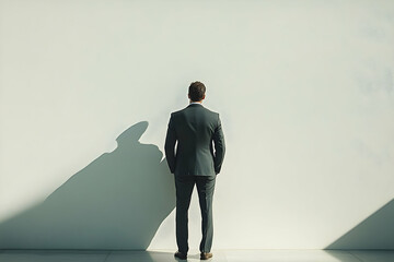 A contemplative man in a suit facing a plain wall.