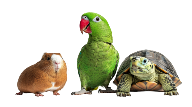Guinea pig parrot and turtle trio showing diversity in animal companionship and interaction