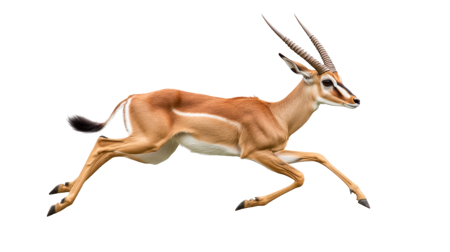 Graceful gazelle in mid-stride showcasing speed and elegance captured in motion against white