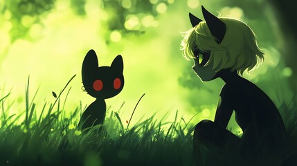 Cat Noir watching Ladybug from a distance with affection in anime style