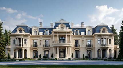 Obraz premium Grand European-style mansion facade rendered digitally.