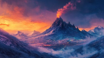 Erupting volcano at sunset, snow-capped mountains, valley with city lights.