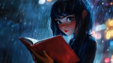 Marinette caught in the rain, holding her sketchbook in anime style