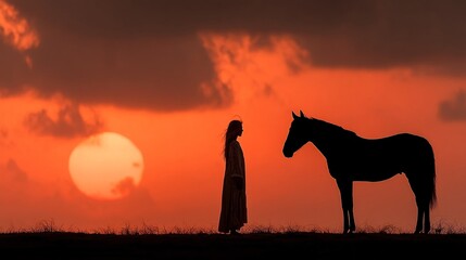 Silhouette of a Woman and a Horse Against a Vibrant Sunset Sky