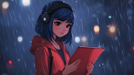 Marinette caught in the rain, holding her sketchbook in anime style
