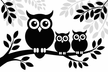 Cute Owl Family on Tree Branch – Black and White Vector Illustration

