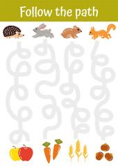 Fine motoric skills practice for kids. Tracing lines, handwriting training worksheet. Writing training page with cute animals for children. Educational game, activity for preschool, kindergarten.