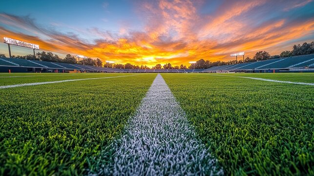Sunset over a football field.  Vast expanse of vibrant green field, highlighted by a central white line, stretches towards a spectacular sunset.  Bleachers in the distance