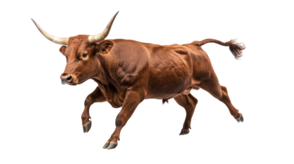 Strong brown bull in motion displaying powerful body and graceful movement with impressive horns