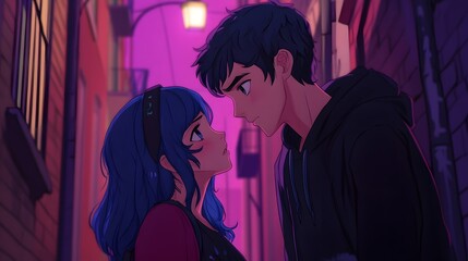 Luka comforting Marinette in a quiet alley in anime style
