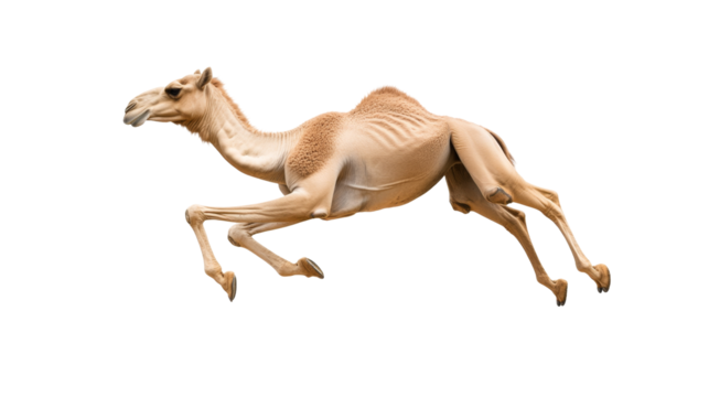 Running camel with long legs and smooth hump in motion against a plain background