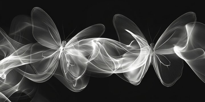 Soft-glow silver fluid arcs with ghosted butterfly imprints, set against pure black noise
