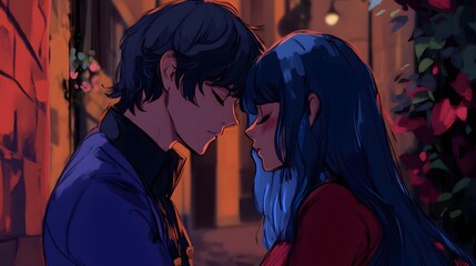 Luka comforting Marinette in a quiet alley in anime style