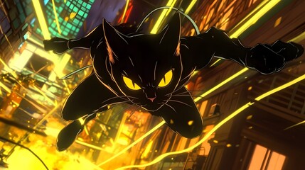 Cat Noir battling an akumatized villain in mid-air in anime style