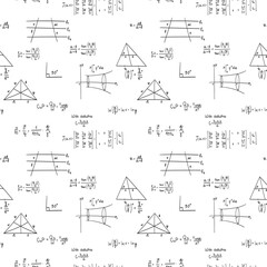 Seamless doodle vector pattern of scientific formulas on a school board in black and white