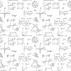 Seamless doodle vector pattern of scientific formulas on a school board in black and white