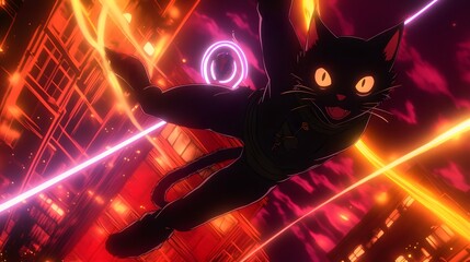 Cat Noir battling an akumatized villain in mid-air in anime style