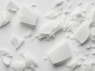 White Soy Wax Flakes and Chunks Scattered on White Background Top Down Studio Shot for Candle Making and Cosmetics