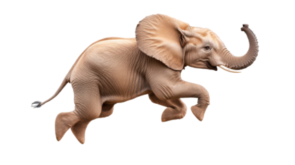 Playful elephant jumping happily with trunk raised and ears flapping in joyful motion