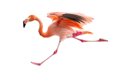 Flamingo in mid-stride with wings spread and pink feathers in graceful movement display
