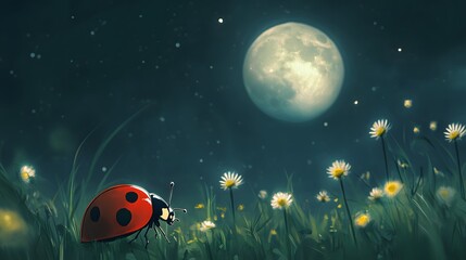 Ladybug staring at the moon with resolve in anime style