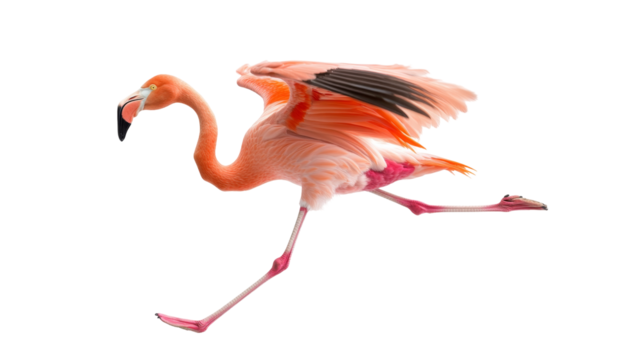 Flamingo in mid-stride with wings spread and pink feathers in graceful movement display - Powered by Adobe