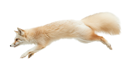Graceful red fox leaping through air with fluffy tail and keen eyes in dynamic motion