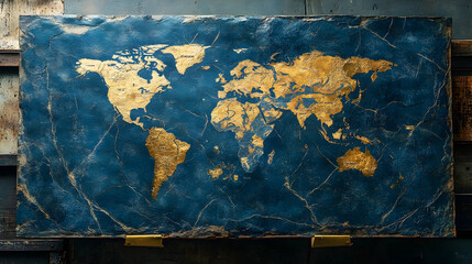 Detailed world map design on a dark blue stone slab.