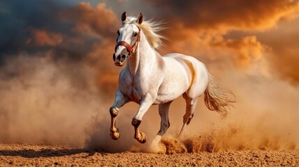 Countryside horse galloping in golden hour light, natural setting with flowing grass and subtle dust trail