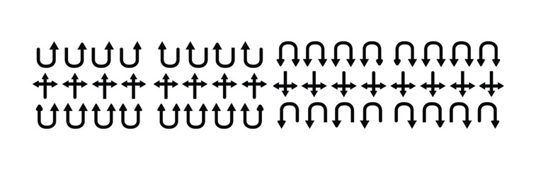 arrows flat set. You-turn, left, right, two way, three way transportation direction arrow symbol.