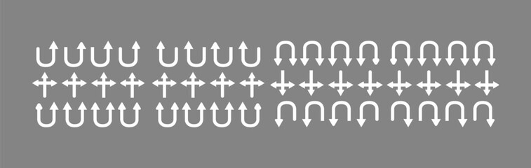 arrows flat set. You-turn, left, right, two way, three way transportation direction arrow symbol.
