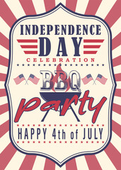 US Independence Day barbecue party flyer, greeting card, invitation template. 4th of July BBQ party background. Vector illustration.